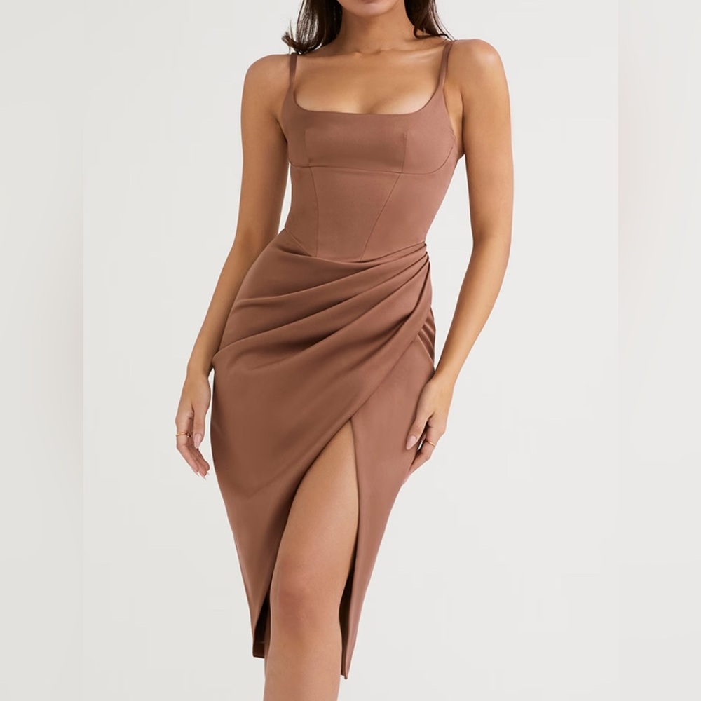 House of CB “Bianca” Mocha Satin Corset Dress size Small